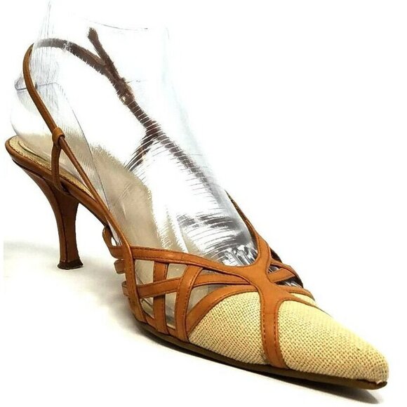Nine West Beige Canvas/ Lt. Tan Strappy Leather Pointy Toe Slingback Shoes 6M - Picture 1 of 11
